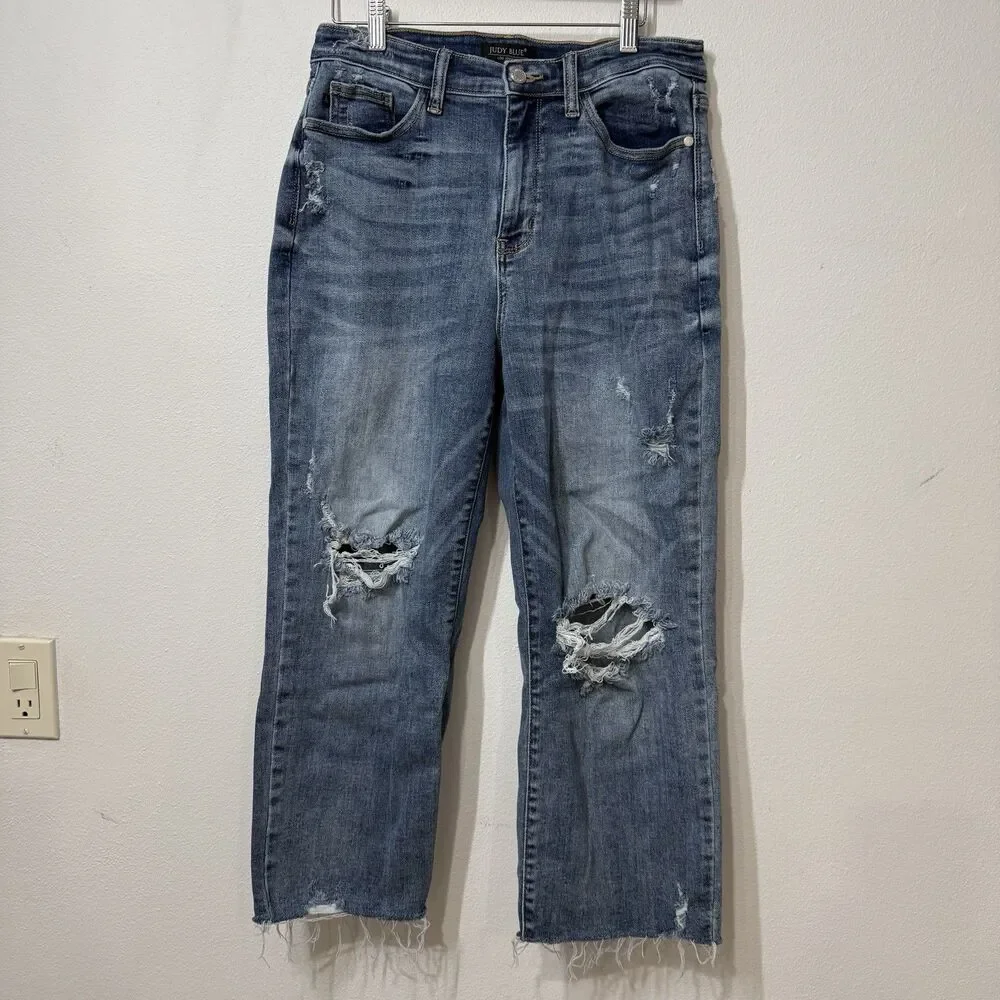 Judy Blue Women’s Wide Leg Crop Distressed Stretch Blue Denim Jeans 11 / 30